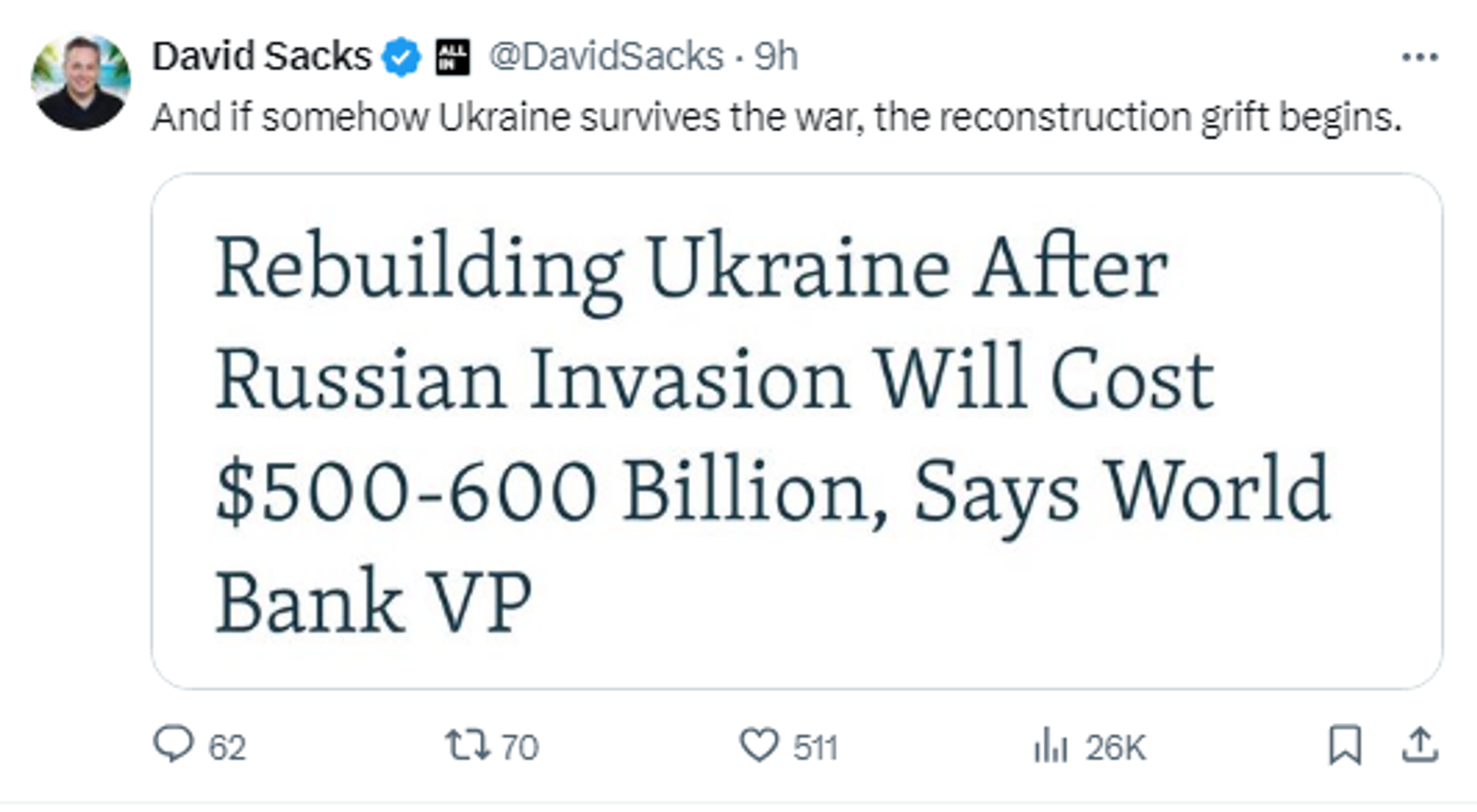 Screenshot of X post by US investor David Sacks. - Sputnik International, 1920, 21.04.2024