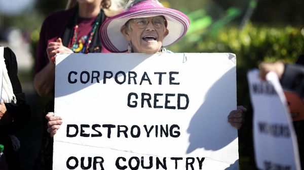 Marijo Beckman greeted Black Friday shoppers  at a Boynton Beach,Fla. Walmart store Friday, Nov. 28, 2014. She was part of a group of sign-waving, chanting protesters. She is a member of the Raging Grannies. The protesters say they want the retail giant to add more full-time positions and pay employees $15 an hour. Protesters targeted Walmart stores nationwide as the holiday shopping season kicked off.(AP Photo/J Pat Carter) - Sputnik International