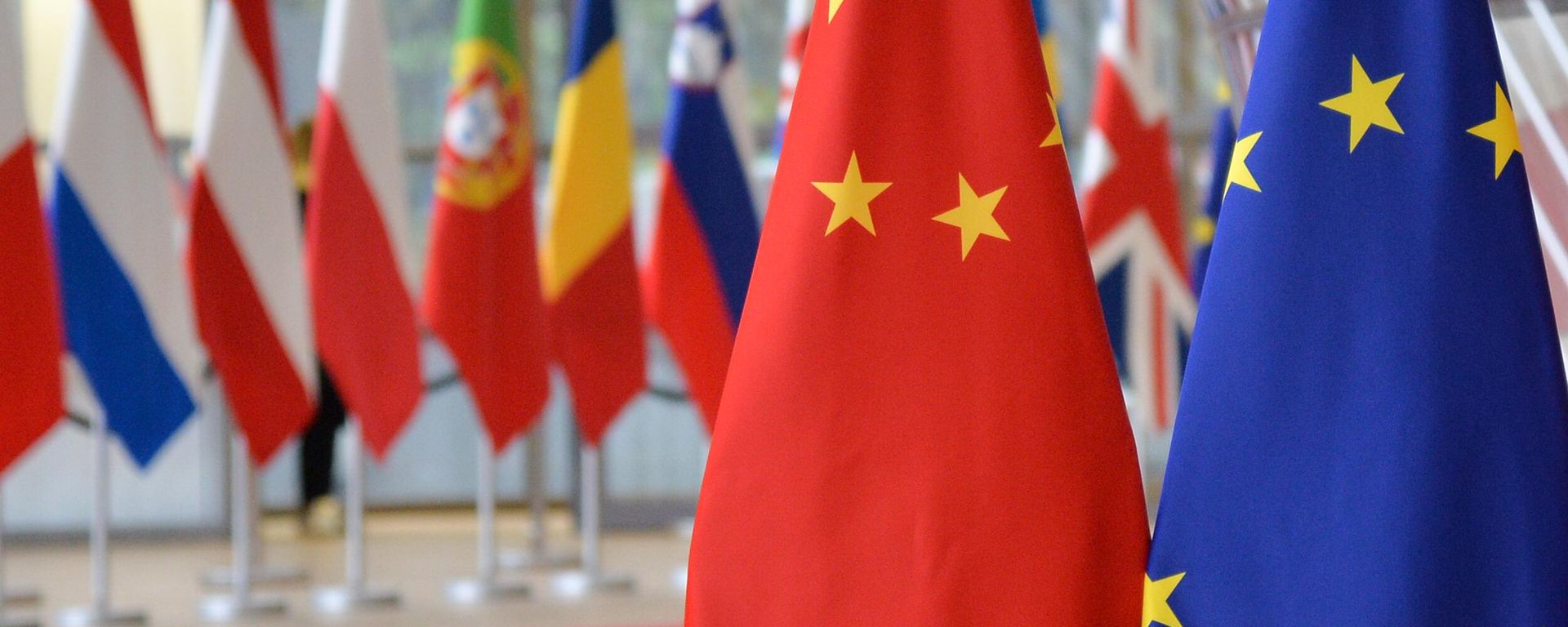 European Union and Chinese flags are pictured during an annual EU-China summit in Brussels, Belgium European Union and Chinese flags are pictured during an annual EU-China summit in Brussels, Belgium - Sputnik International, 1920, 30.10.2024
