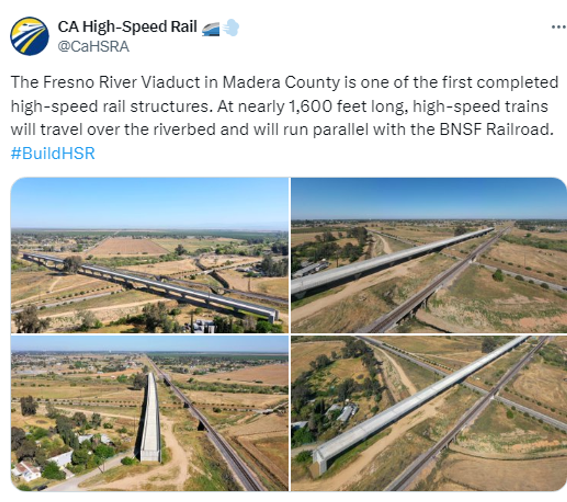 Screenshot of X post by California High Speed Authority showing the Fresno River Viaduct. Screenshot of X post by California High Speed Authority showing the Fresno River Viaduct. - Sputnik International, 1920, 09.05.2024