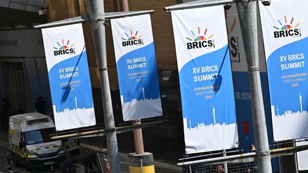 Banners with the BRICS logo at summit in South Africa in 2023. - Sputnik International