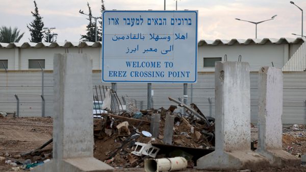 This photograph taken on January 3, 2024 shows a board at the Erez border crossing between southern Israel and the Gaza Strip after the attacks by Hamas movement on October 7 - Sputnik International