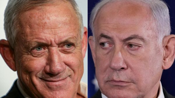This combination photograph created on October 12, 2023 shows (L) a file photograph taken on October 24, 2022 of Israel's former defence minister Benny Gantz in the Mediterranean coastal city of Tel Aviv, and (R) a file photograph taken on October 12, 2023 of Israeli Prime Minister Benjamin Netanyahu inside The Kirya, which houses the Israeli Defence Ministry, in Tel Aviv - Sputnik International