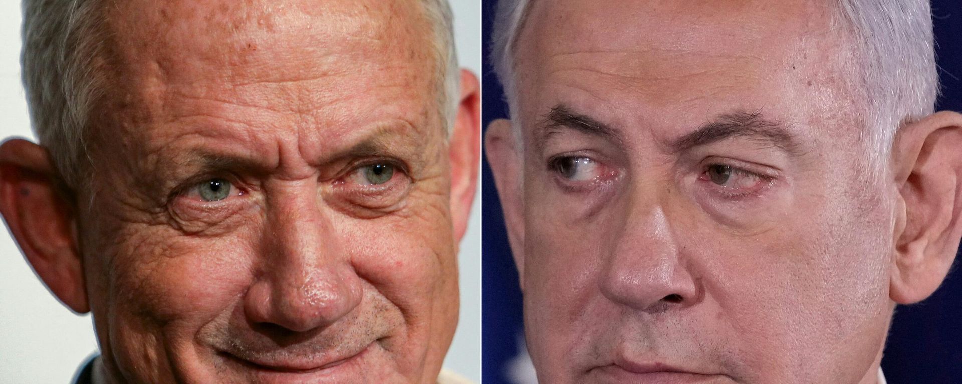 This combination photograph created on October 12, 2023 shows (L) a file photograph taken on October 24, 2022 of Israel's former defence minister Benny Gantz in the Mediterranean coastal city of Tel Aviv, and (R) a file photograph taken on October 12, 2023 of Israeli Prime Minister Benjamin Netanyahu inside The Kirya, which houses the Israeli Defence Ministry, in Tel Aviv - Sputnik International, 1920, 18.05.2024