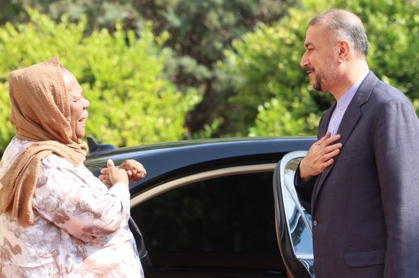 Iran's Foreign Minister Hossein Amir-Abdollahian (right) welcomes his counterpart from South Africa Naledi Pandor (left) ahead of their meeting in Tehran, October 22, 2023. During her two-day official visit to Iran, the foreign ministers touched upon the Middle East peace process amid the ongoing Palestine-Israel conflict, adherence to international humanitarian law in the context of Gaza crisis, as well as the establishment of a Palestinian state. - Sputnik International