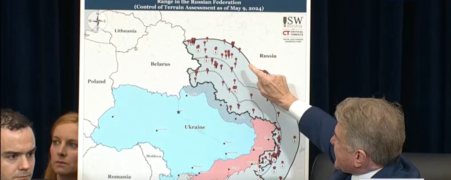 Texas Republican Congressman Michael McCaul gestures toward Russian cities and infrastructure on a map showing the range of US long-range missile systems which have been delivered to Ukraine, but which the Biden administration has not formally allowed Kiev to use against targets deep inside Russia, during Secretary of State Antony Blinken's testimony before the House Committee on Appropriations, May 22, 2024. - Sputnik International, 1920, 23.05.2024