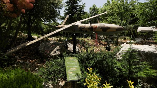 A picture taken on May 22, 2020 shows a military drone at the Hezbollah memorial landmark in the hilltop bastion of Mleeta, built in 2010 to commemorate Israel's withdrawal from the country, near the Lebanese southern village of Jarjouaa. - Sputnik International