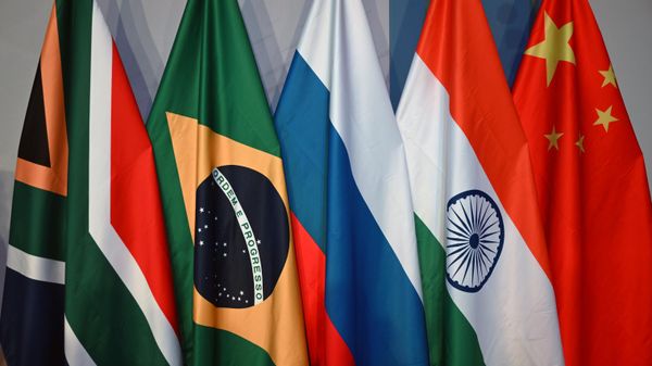 Flags of the BRICS member countries are seen during the 15th BRICS Summit in Johannesburg, South Africa - Sputnik International