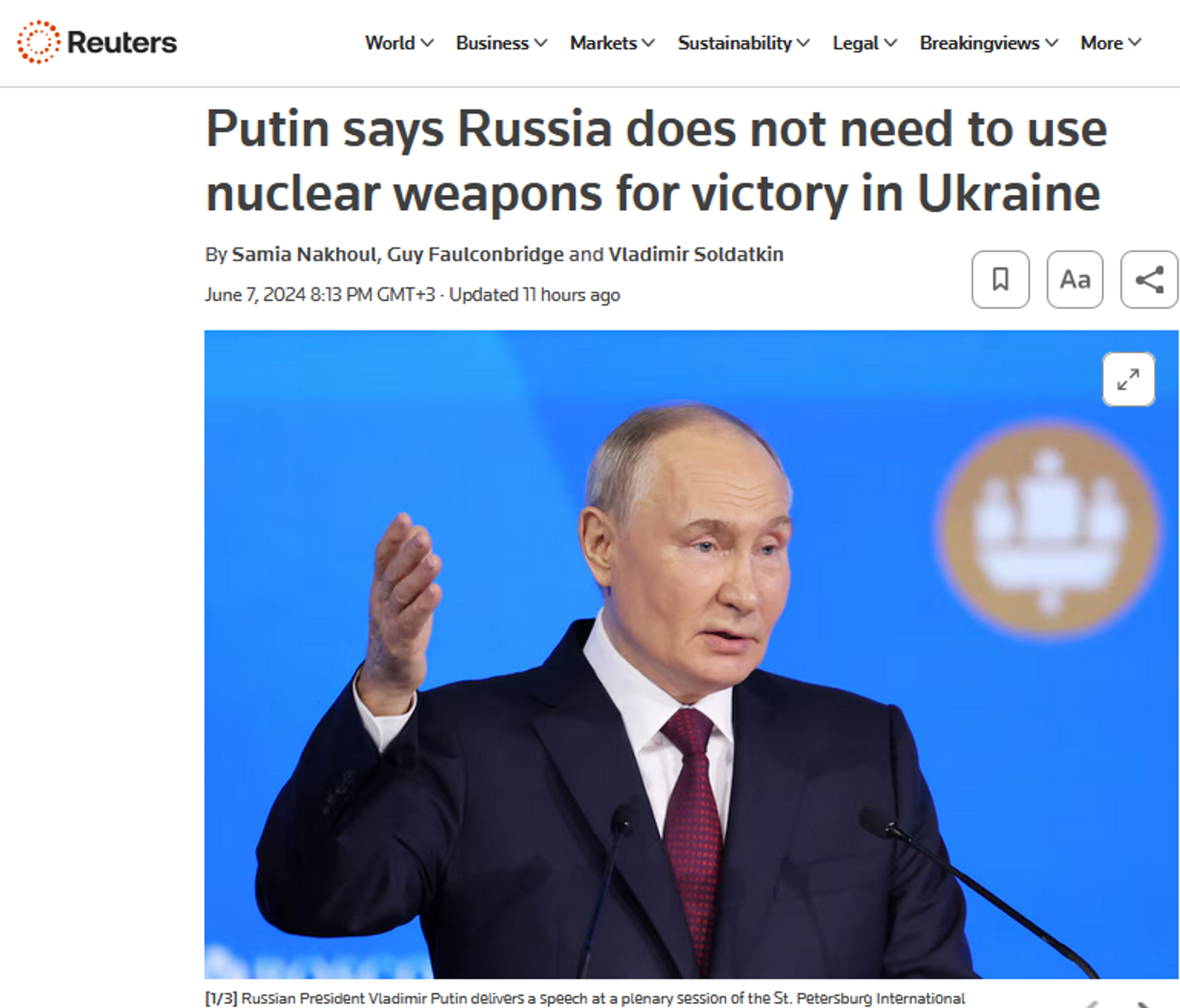 Screenshot of Reuters publication featuring Russia's President Vladimir Putin on the cover. - Sputnik International, 1920, 08.06.2024