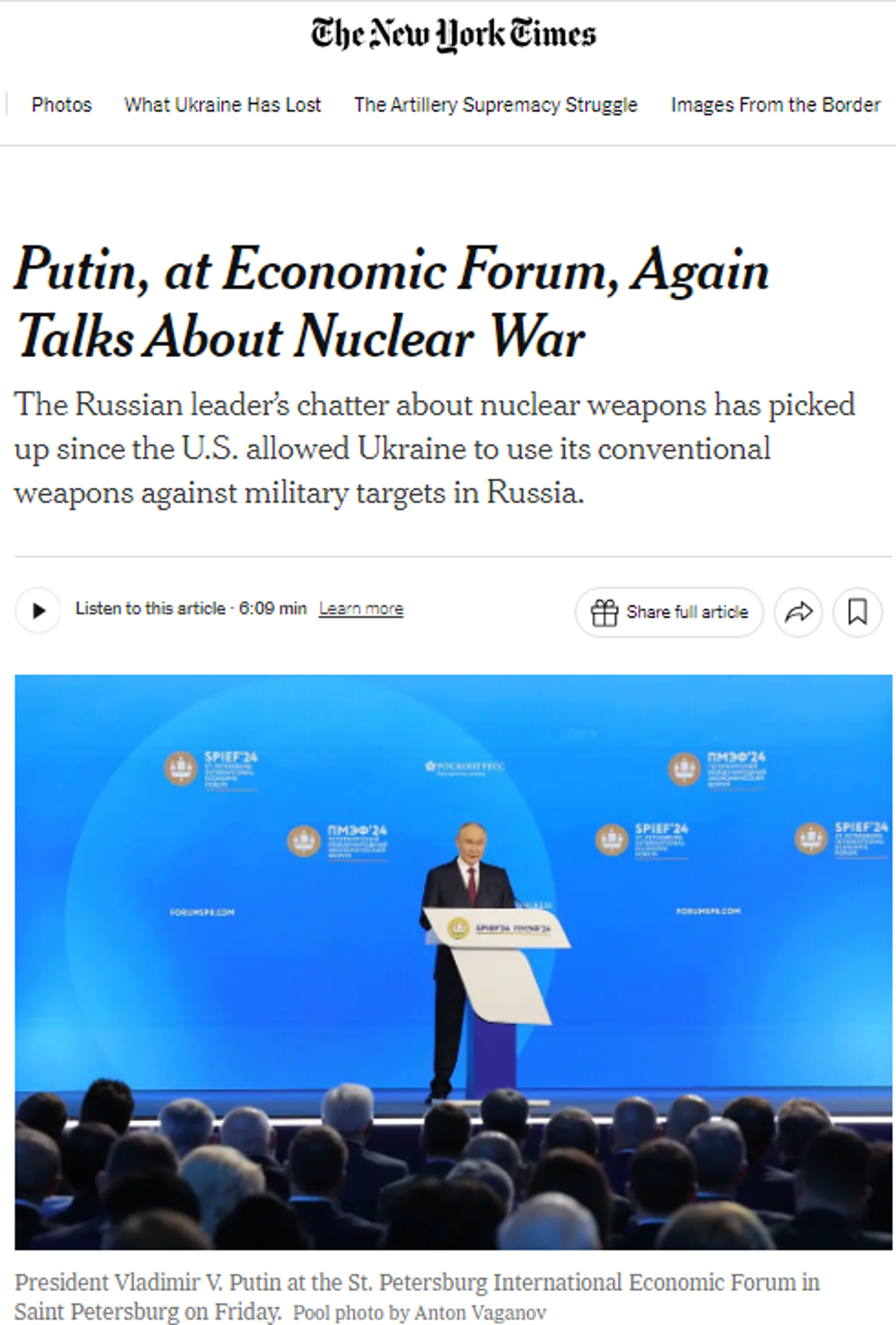 Screenshot of The New York Times featuring image of Russia's President Vladimir Putin speaking at the St. Petersburg International Economic Forum (SPIEF). - Sputnik International, 1920, 08.06.2024