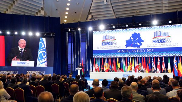 Belarus' President Alexander Lukashenko speaks during the 26th annual session of the Organization for Security and Cooperation in Europe (OSCE) Parliamentary Assembly in Minsk on July 5, 2017 - Sputnik International