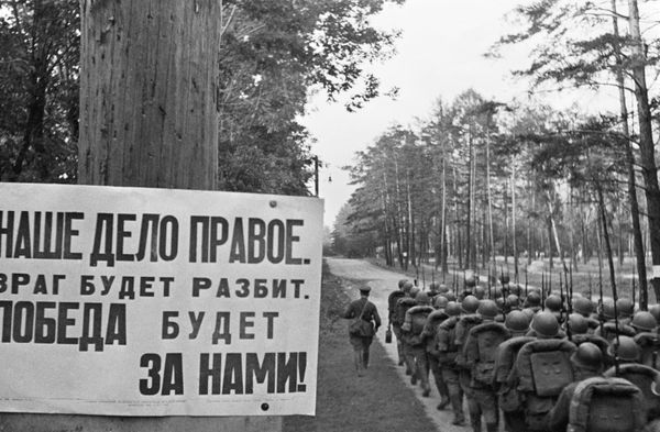 Though in the first weeks of the invasion it seemed that the Soviet defense might break, through superhuman efforts and selfless heroism of its people the USSR withstood the Nazi onslaught and prepared to take the battle to the enemy.Above: Soviet soldiers march towards the front line. The banner on the left says: "Our cause is just. The enemy will be defeated. Victory will be ours." - Sputnik International