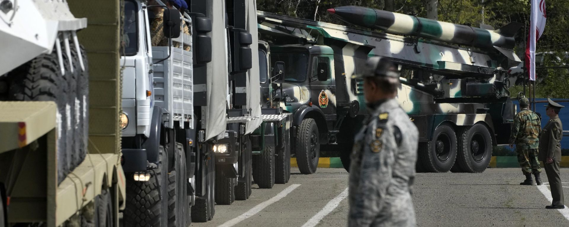 Missiles are carried on trucks during Army Day parade at a military base in northern Tehran, Iran, Wednesday, April 17, 2024. In the parade, President Ebrahim Raisi warned that the tiniest invasion by Israel would bring a massive and harsh response, as the region braces for potential Israeli retaliation after Iran's attack over the weekend. Missiles are carried on trucks during Army Day parade at a military base in northern Tehran, Iran, Wednesday, April 17, 2024. In the parade, President Ebrahim Raisi warned that the tiniest invasion by Israel would bring a massive and harsh response, as the region braces for potential Israeli retaliation after Iran's attack over the weekend. - Sputnik International, 1920, 10.08.2024
