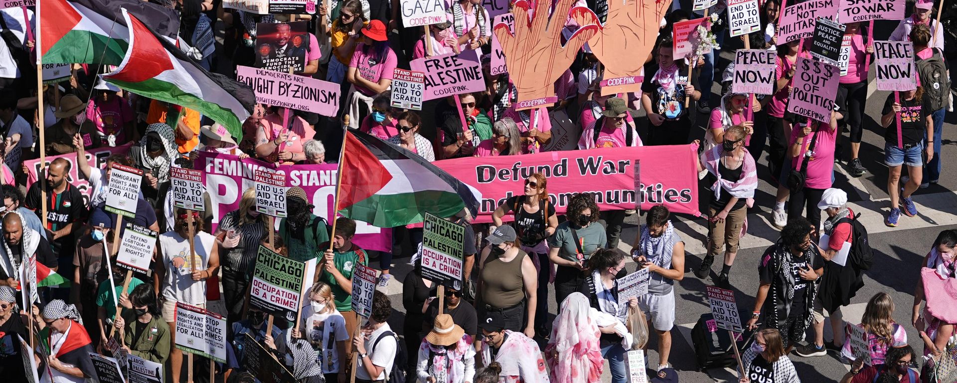 Protesters march to the Democratic National Convention after a rally at Union Park Monday, Aug. 19, 2024, in Chicago. Protesters march to the Democratic National Convention after a rally at Union Park Monday, Aug. 19, 2024, in Chicago. - Sputnik International, 1920, 21.08.2024