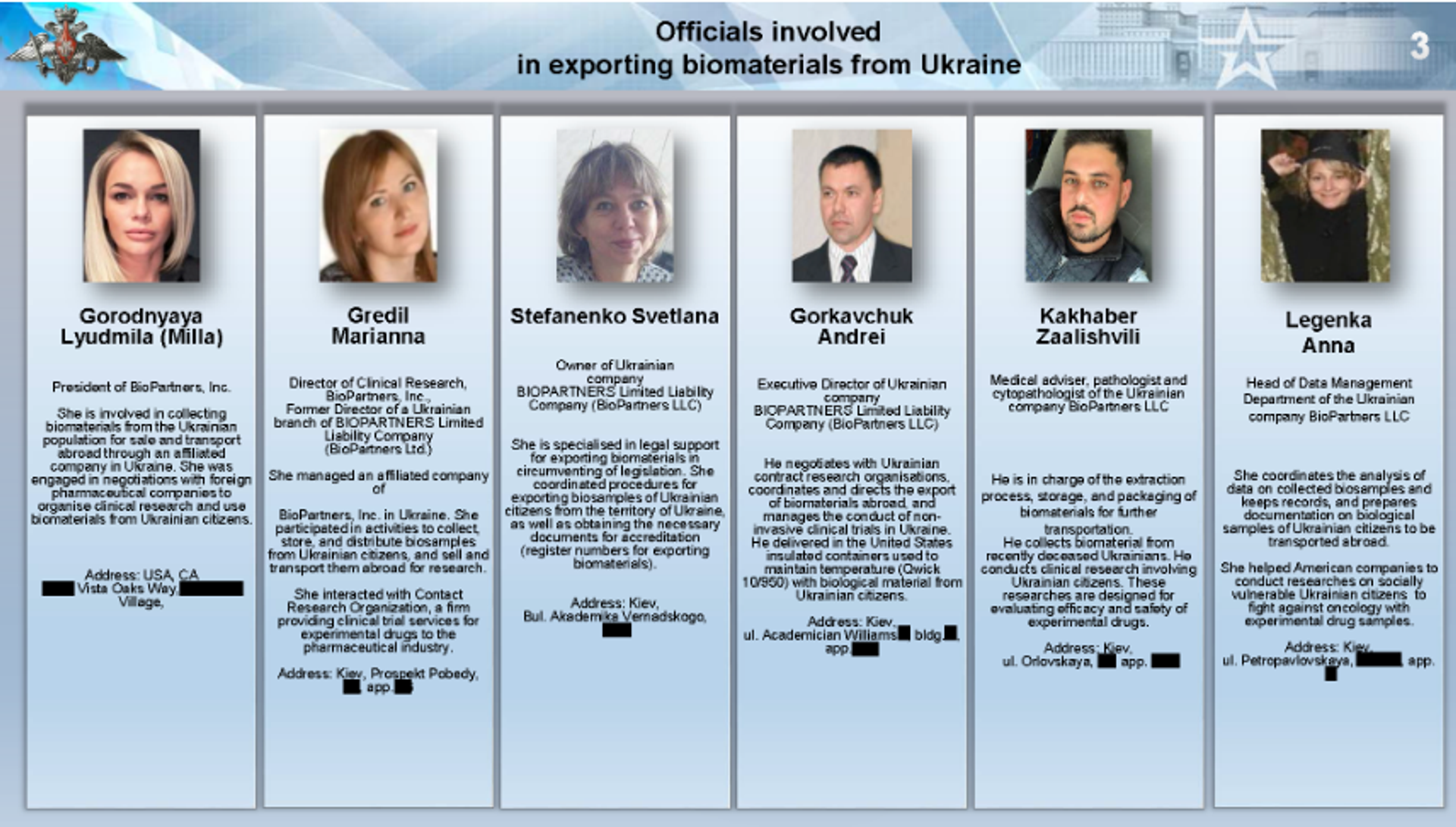 Screenshot of evidence released at a briefing by the Ministry of Defence of the Russian Federation on August 27, 2024, showing officials involved in exporting biomaterials from Ukraine. Screenshot of evidence released at a briefing by the Ministry of Defence of the Russian Federation on August 27, 2024, showing officials involved in exporting biomaterials from Ukraine. - Sputnik International, 1920, 27.08.2024