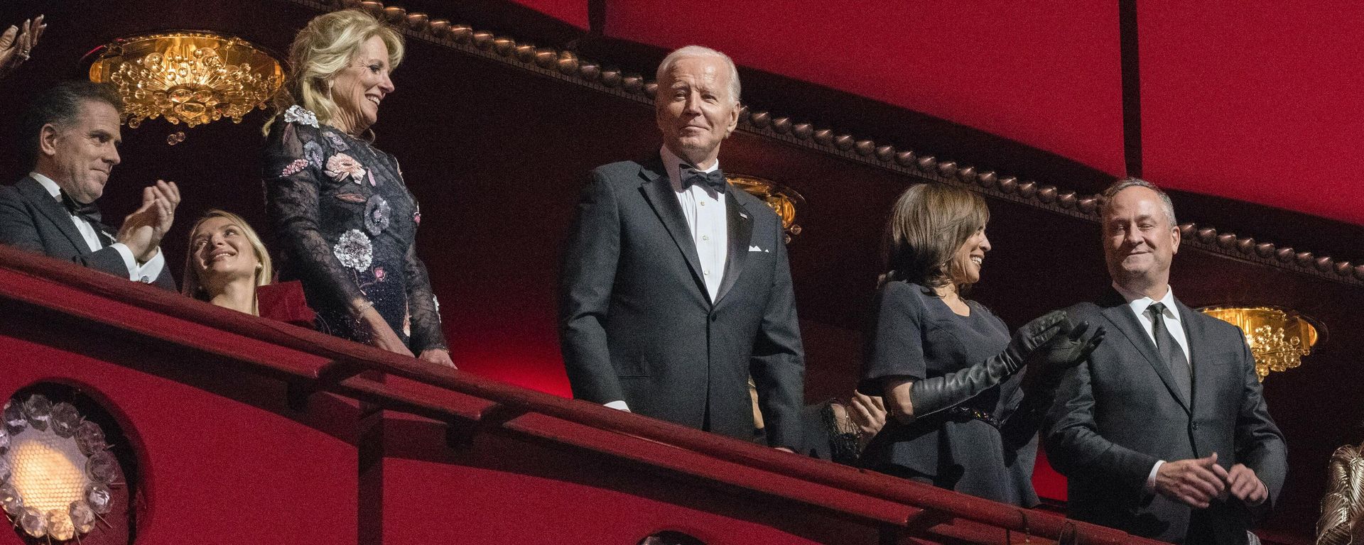 President Joe Biden and first lady Jill Biden react as they arrive at the 45th Kennedy Center Honors at the John F. Kennedy Center for the Performing Arts in Washington, Sunday, Dec. 4, 2022. Vice President Kamala Harris, second from right, second gentleman Doug Emhoff, Hunter Biden, left, and his wife Melissa Cohen look on. President Joe Biden and first lady Jill Biden react as they arrive at the 45th Kennedy Center Honors at the John F. Kennedy Center for the Performing Arts in Washington, Sunday, Dec. 4, 2022. Vice President Kamala Harris, second from right, second gentleman Doug Emhoff, Hunter Biden, left, and his wife Melissa Cohen look on. - Sputnik International, 1920, 06.09.2024