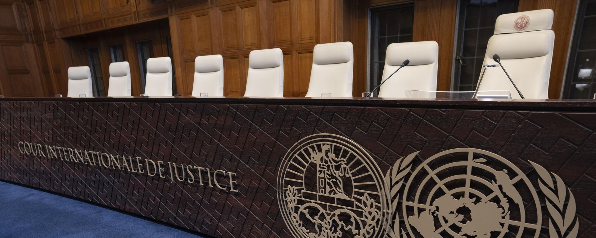 Seats of the judges at the International Court of Justice, or World Court, in The Hague, Netherlands. File photo Seats of the judges at the International Court of Justice, or World Court, in The Hague, Netherlands. File photo - Sputnik International, 1920, 10.09.2024
