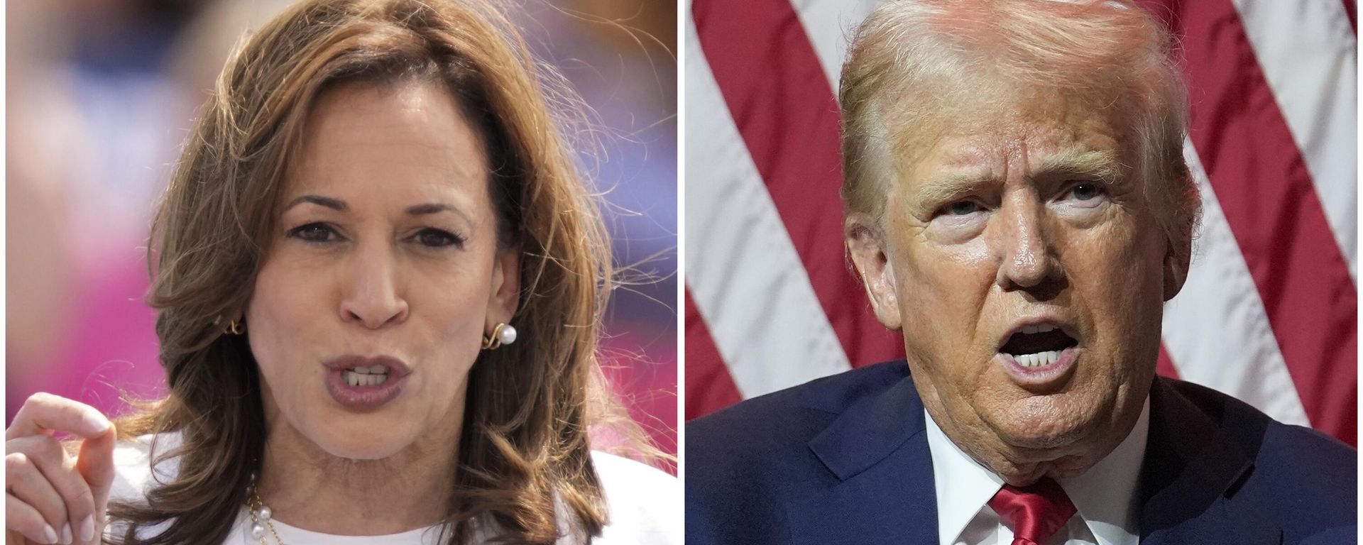 This combination of photos shows Vice President Kamala Harris, left, on Aug. 7, 2024 and Republican presidential candidate former President Donald Trump on July 31, 2024. (AP Photo/Charles Rex Arbogast) This combination of photos shows Vice President Kamala Harris, left, on Aug. 7, 2024 and Republican presidential candidate former President Donald Trump on July 31, 2024. (AP Photo/Charles Rex Arbogast) - Sputnik International, 1920, 28.10.2024
