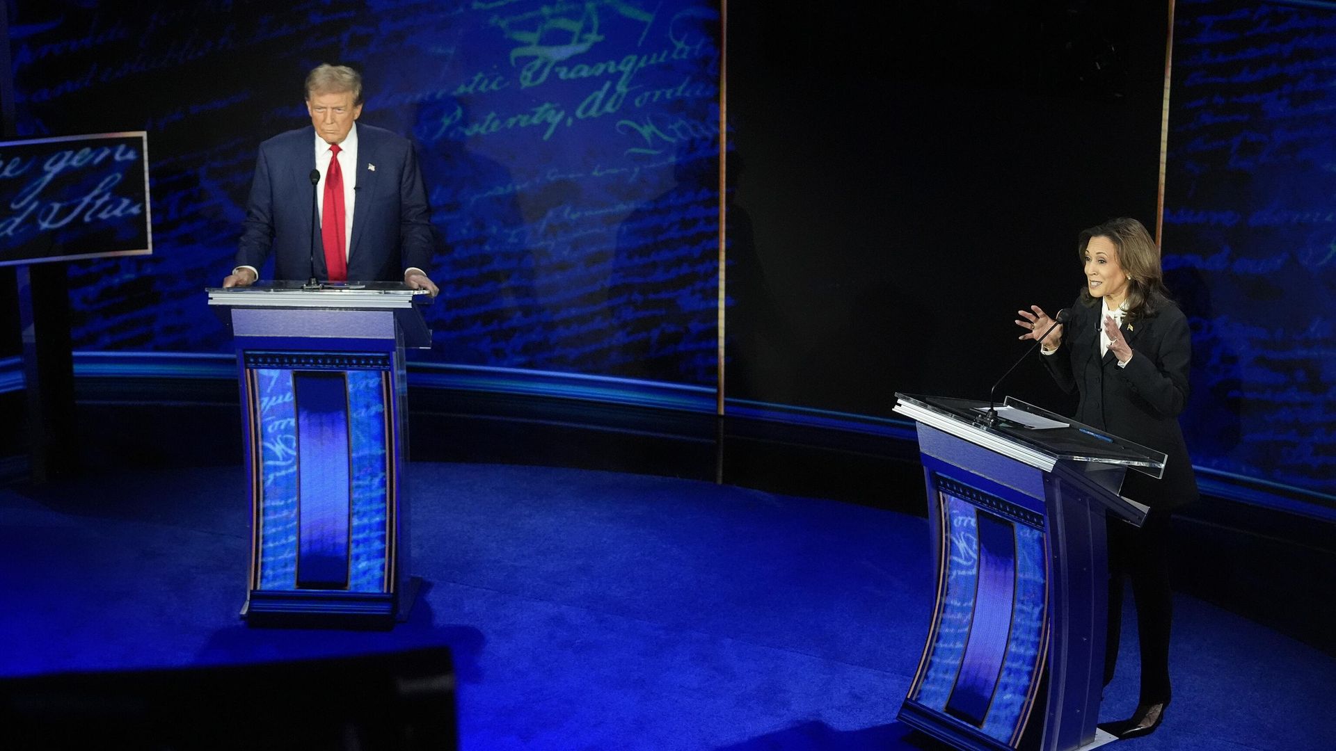 Republican presidential nominee former President Donald Trump watches as Democratic presidential nominee Vice President Kamala Harris speaks during an ABC News presidential debate at the National Constitution Center, Tuesday, Sept. 10, 2024, in Philadelphia. Republican presidential nominee former President Donald Trump watches as Democratic presidential nominee Vice President Kamala Harris speaks during an ABC News presidential debate at the National Constitution Center, Tuesday, Sept. 10, 2024, in Philadelphia. - Sputnik International, 1920, 30.10.2024