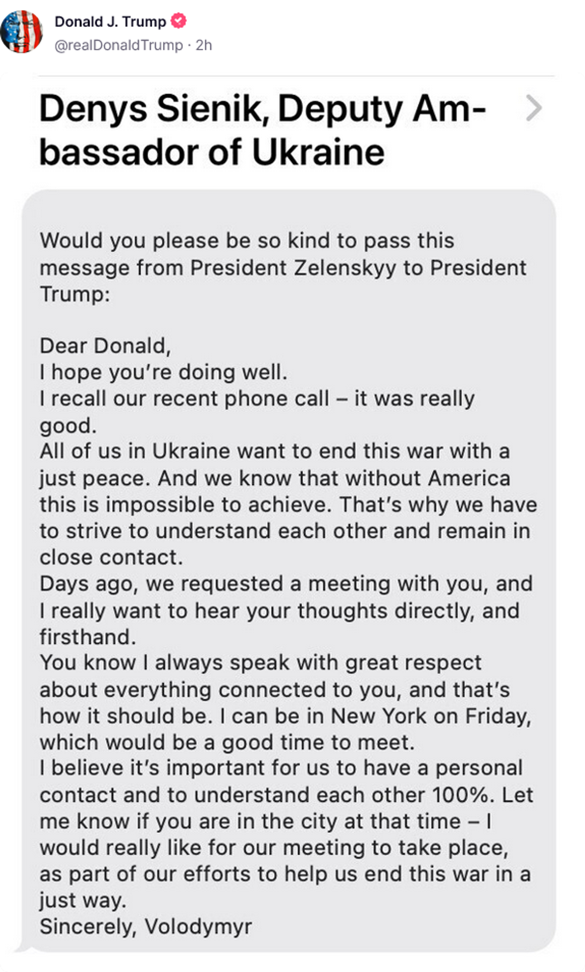 Republican candidate for president Donald Trump posts on social media a message allegedly from Volodymyr Zelensky via Ukrainian deputy ambassador Denys Sienik, September 26 2024 - Sputnik International, 1920, 26.09.2024
