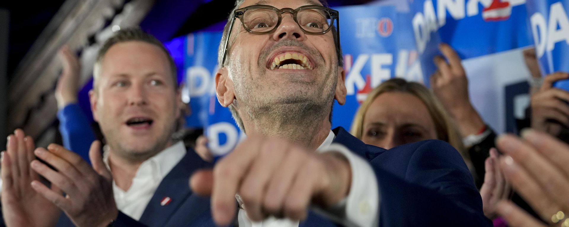 Herbert Kickl, leader of the Freedom Party of Austria waves to supporters, in Vienna, Austria, Sunday, Sept. 29, 2024, after polls closed in the country's national election. Herbert Kickl, leader of the Freedom Party of Austria waves to supporters, in Vienna, Austria, Sunday, Sept. 29, 2024, after polls closed in the country's national election. - Sputnik International, 1920, 30.09.2024