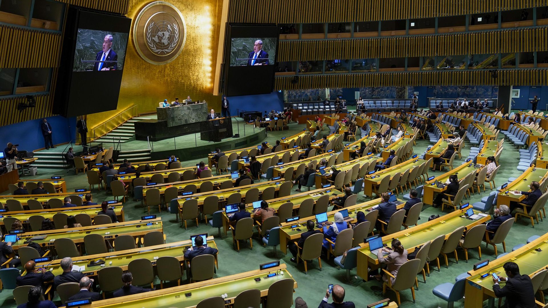 Israeli Prime Minister Benjamin Netanyahu addresses the 78th session of the United Nations General Assembly, Friday, Sept. 22, 2023 at United Nations headquarters. (AP Photo/Mary Altaffer) Israeli Prime Minister Benjamin Netanyahu addresses the 78th session of the United Nations General Assembly, Friday, Sept. 22, 2023 at United Nations headquarters. (AP Photo/Mary Altaffer) - Sputnik International, 1920, 30.09.2024
