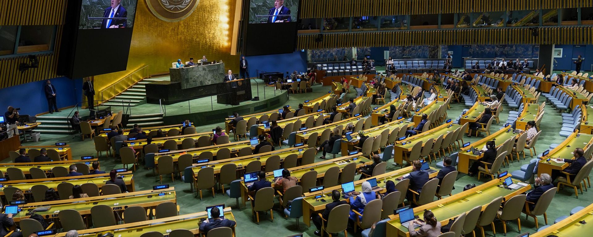 Israeli Prime Minister Benjamin Netanyahu addresses the 78th session of the United Nations General Assembly, Friday, Sept. 22, 2023 at United Nations headquarters. (AP Photo/Mary Altaffer) Israeli Prime Minister Benjamin Netanyahu addresses the 78th session of the United Nations General Assembly, Friday, Sept. 22, 2023 at United Nations headquarters. (AP Photo/Mary Altaffer) - Sputnik International, 1920, 30.09.2024