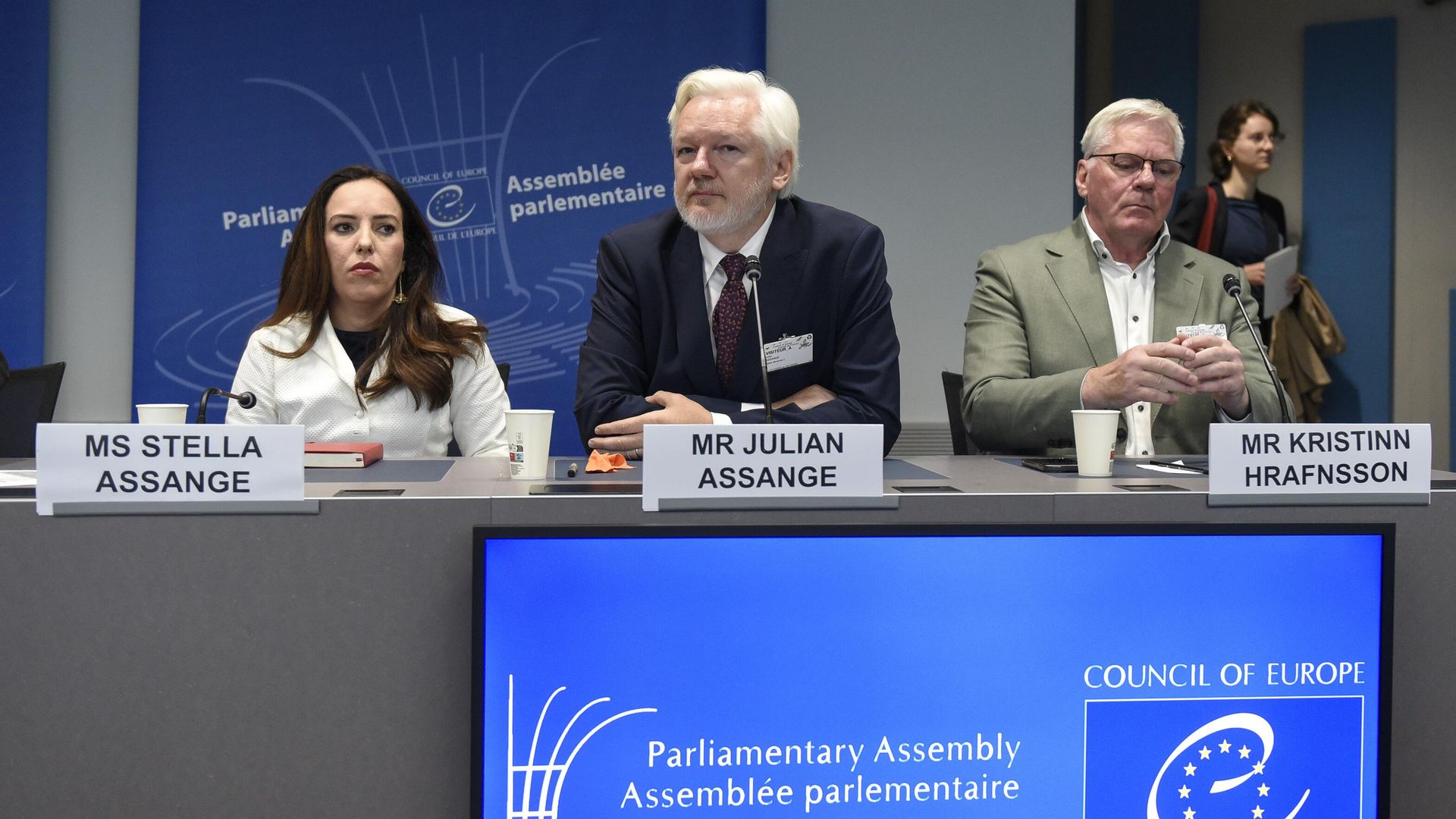 Wikileaks founder Julian Assange, center, his wife Stella Assange, left, and editor-in-chief of WikiLeaks Kristin Hrafnsson, listen the open speech at the Council of Europe while his wife Stella Assange sits next to him, in Strasbourg, eastern France, Tuesday, Oct. 1, 2024 Wikileaks founder Julian Assange, center, his wife Stella Assange, left, and editor-in-chief of WikiLeaks Kristin Hrafnsson, listen the open speech at the Council of Europe while his wife Stella Assange sits next to him, in Strasbourg, eastern France, Tuesday, Oct. 1, 2024 - Sputnik International, 1920, 03.10.2024