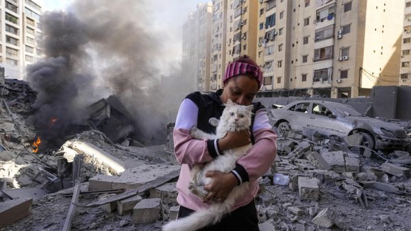 A woman holds her cat in front of a destroyed building at the site of an Israeli airstrike in Dahiyeh, Beirut, Lebanon - Sputnik International