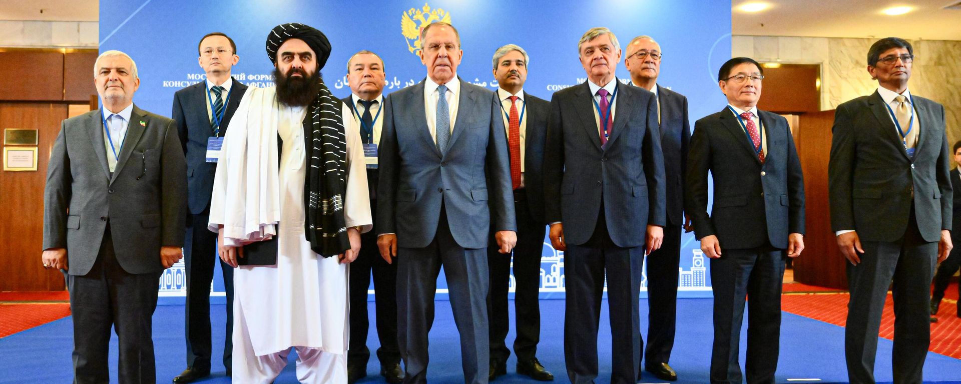 From left to right: Iranian Ambassador to Afghanistan Hassan Kazemi Qomi, Acting Afghan Foreign Minister, member of the Taliban* leadership Amir Khan Muttaqi, Russian Foreign Minister Sergei Lavrov, Russian Presidential Special Representative for Afghanistan Zamir Kabulov and other officials at a joint photo session as part of the 6th meeting of the Moscow format of consultations on Afghanistan. October 4, 2024. From left to right: Iranian Ambassador to Afghanistan Hassan Kazemi Qomi, Acting Afghan Foreign Minister, member of the Taliban* leadership Amir Khan Muttaqi, Russian Foreign Minister Sergei Lavrov, Russian Presidential Special Representative for Afghanistan Zamir Kabulov and other officials at a joint photo session as part of the 6th meeting of the Moscow format of consultations on Afghanistan. October 4, 2024. - Sputnik International, 1920, 05.10.2024