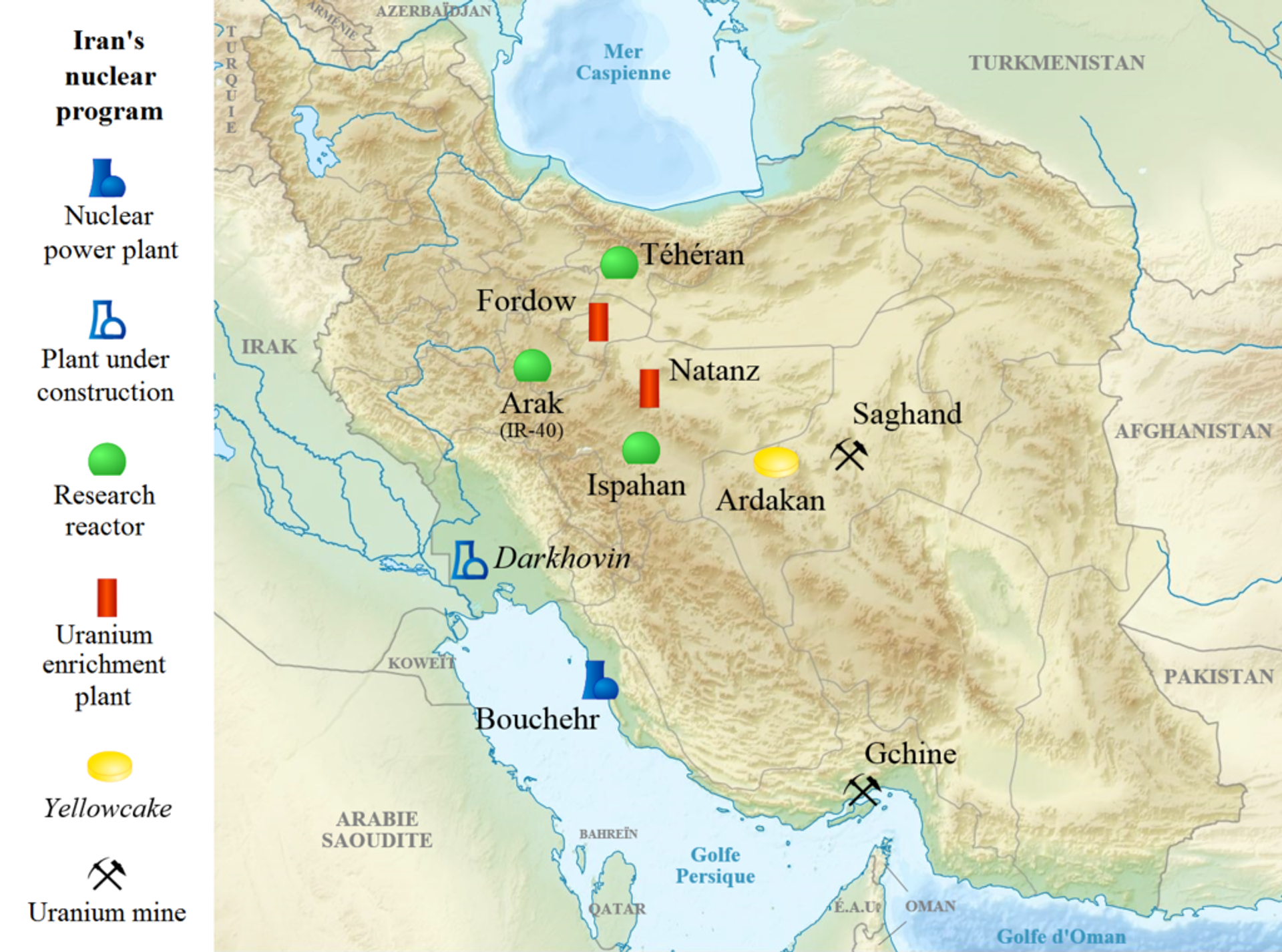 French-language map showing major sites of Iran's comprehensive, full-cycle nuclear program, designed to ensure the country's maximum independence in the nuclear field. - Sputnik International, 1920, 08.10.2024