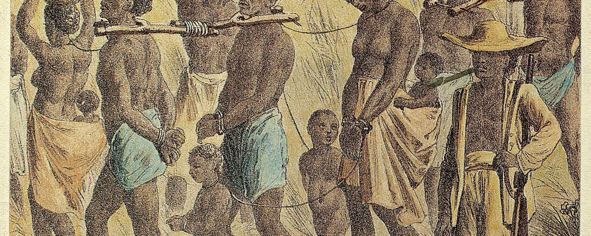An undated photo of an illustrated depiction of slaves in captivity An undated photo of an illustrated depiction of slaves in captivity - Sputnik International, 1920, 13.10.2024