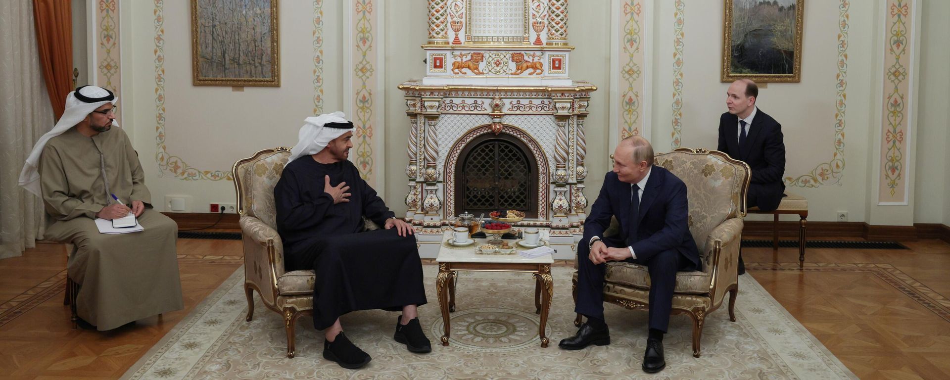 Russian President Vladimir Putin and United Arab Emirates President Sheikh Mohamed bin Zayed Al Nahyan attend a meeting at the Novo-Ogaryovo state residence, outside Moscow, Russia. Russian President Vladimir Putin and United Arab Emirates President Sheikh Mohamed bin Zayed Al Nahyan attend a meeting at the Novo-Ogaryovo state residence, outside Moscow, Russia. - Sputnik International, 1920, 20.10.2024