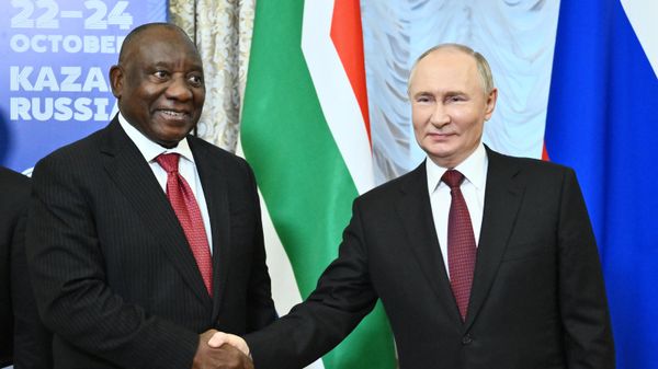 Russian President Vladimir Putin and South African President Cyril Ramaphosa during a meeting at the 16th BRICS summit in Kazan. Russian President Vladimir Putin and South African President Cyril Ramaphosa during a meeting at the 16th BRICS summit in Kazan. - Sputnik International
