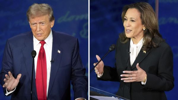 This combination of photos shows Republican presidential nominee former President Donald Trump, left, and Democratic presidential nominee Vice President Kamala Harris during an ABC News presidential debate at the National Constitution Center, Tuesday, Sept. 10, 2024, in Philadelphia.  - Sputnik International