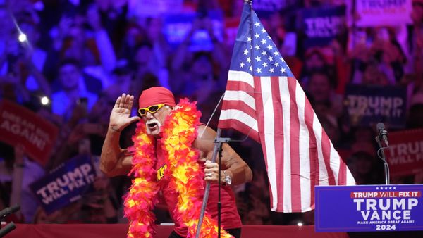 Hulk Hogan stands on stage before Republican presidential nominee former President Donald Trump at a campaign rally at Madison Square Garden, Sunday, Oct. 27, 2024, in New York. - Sputnik International
