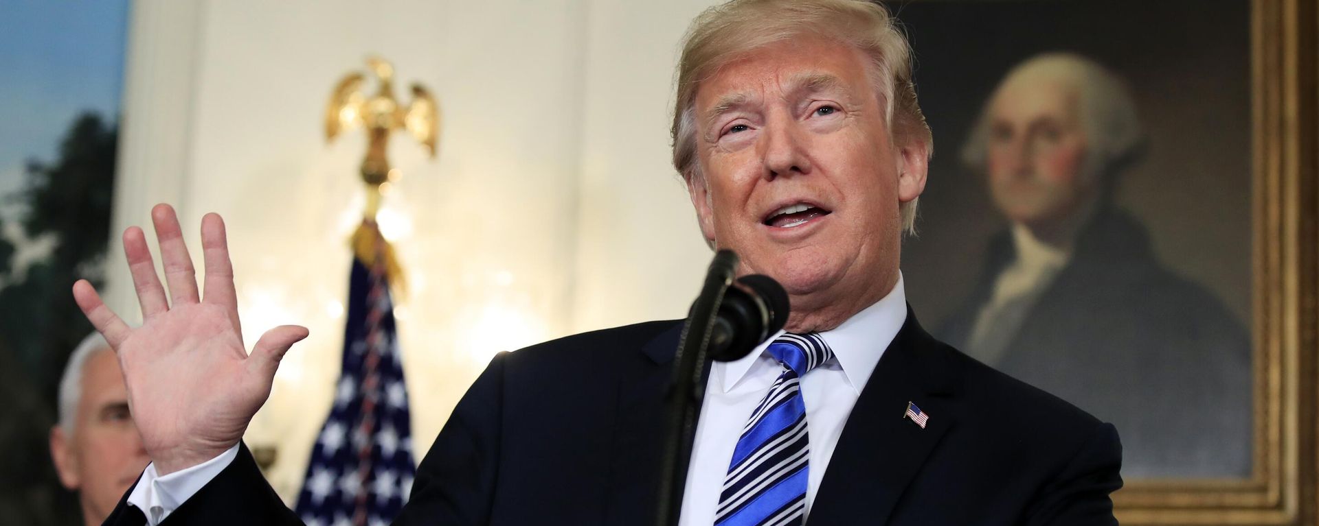 In this March 23, 2018, photo, President Donald Trump speaks in the Diplomatic Room of the White House in Washington. A growing American economy and passage of a Republican tax overhaul appear to be helping Trump lift his approval ratings from historic lows In this March 23, 2018, photo, President Donald Trump speaks in the Diplomatic Room of the White House in Washington. A growing American economy and passage of a Republican tax overhaul appear to be helping Trump lift his approval ratings from historic lows - Sputnik International, 1920, 18.12.2024