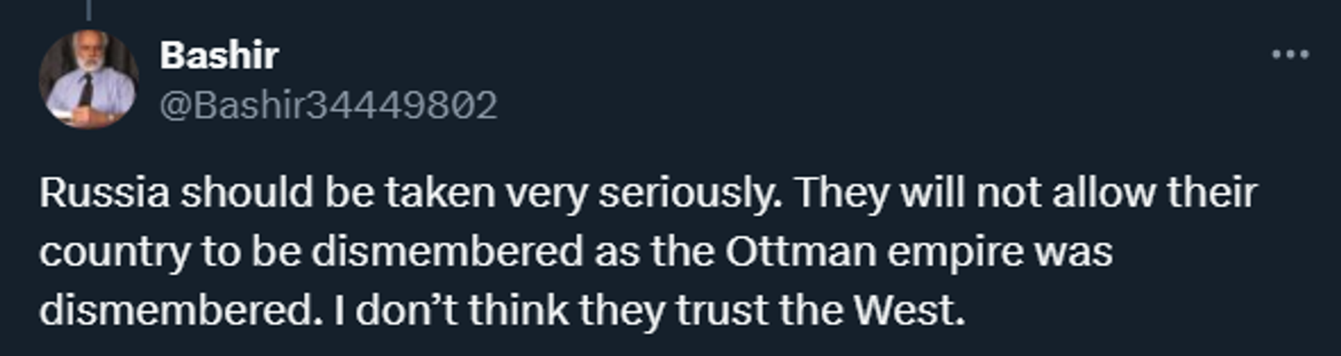 Russia should be taken very seriously. They will not allow their country to be dismembered as the Ottoman empire was dismembered. I don’t think they trust the West Russia should be taken very seriously. They will not allow their country to be dismembered as the Ottoman empire was dismembered. I don’t think they trust the West - Sputnik International, 1920, 27.11.2024