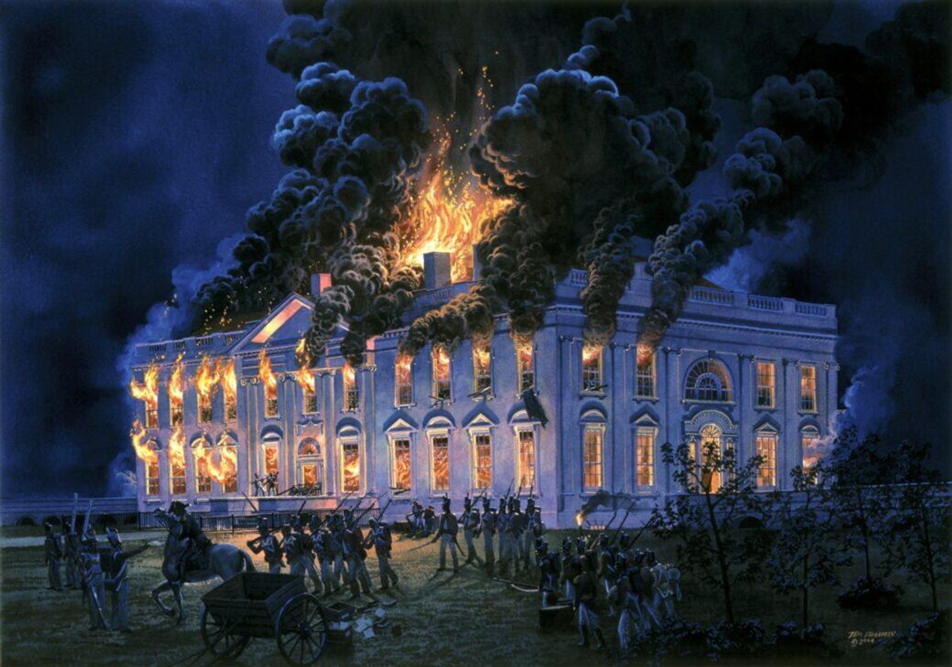 This painting by Tom Freeman for the White House Historical Association shows the burning north and west facades of the White House when it was set aflame by the British soldiers on August 24, 1814 during the War of 1812. British soldiers can be seen in the foreground. It was commissioned during George W. Bush's presidency, but depicts events that occurred during James Madison's. This painting by Tom Freeman for the White House Historical Association shows the burning north and west facades of the White House when it was set aflame by the British soldiers on August 24, 1814 during the War of 1812. British soldiers can be seen in the foreground. It was commissioned during George W. Bush's presidency, but depicts events that occurred during James Madison's. - Sputnik International, 1920, 03.12.2024