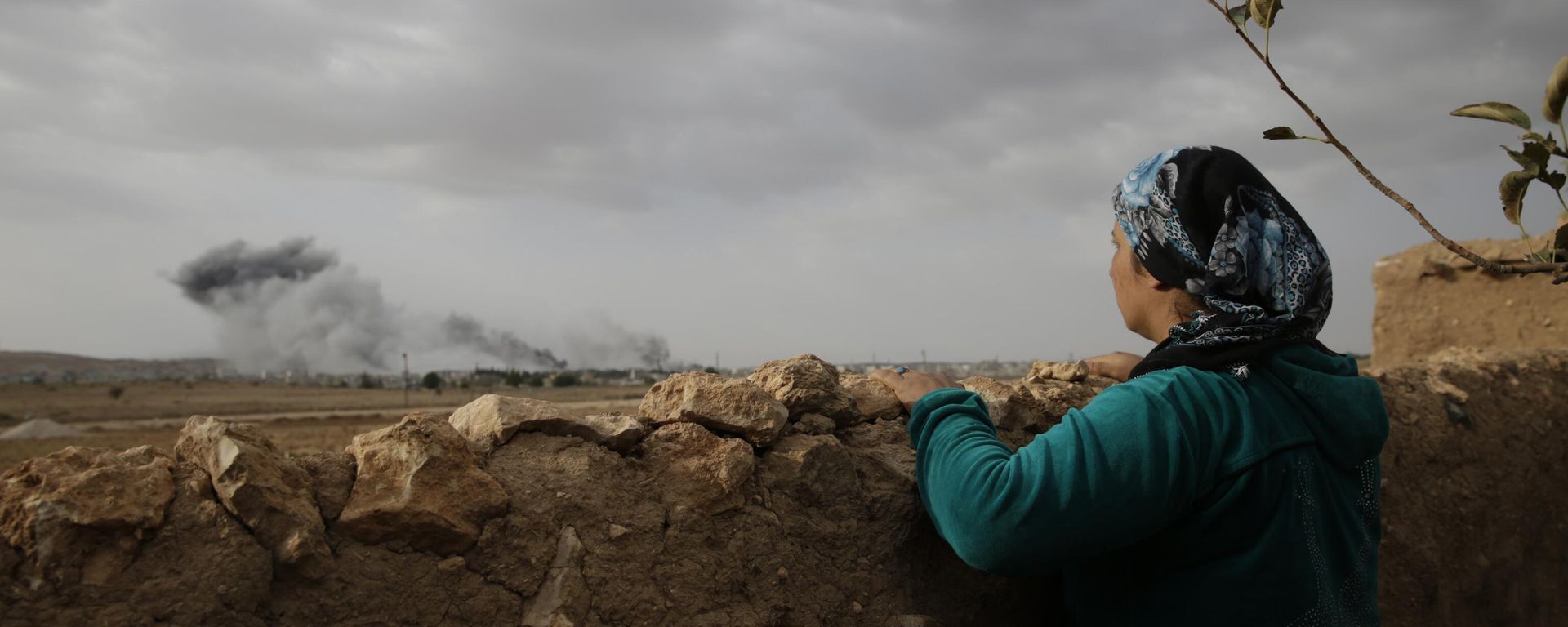 A Kurdish woman, standing in Mursitpinar, on the outskirts of Suruc, on the Turkey-Syria border, watches smoke from fires caused by strikes A Kurdish woman, standing in Mursitpinar, on the outskirts of Suruc, on the Turkey-Syria border, watches smoke from fires caused by strikes - Sputnik International, 1920, 24.12.2024