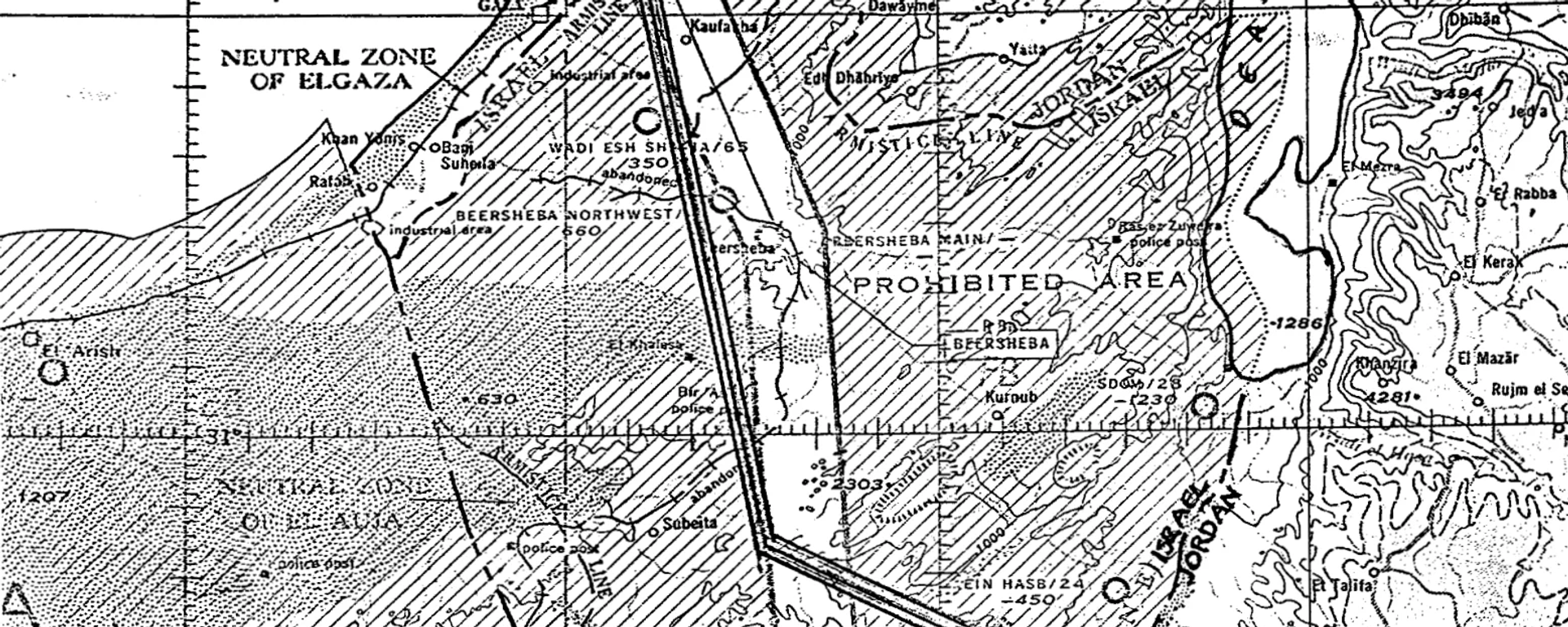 Map of one possible route for a canal across the Negev Desert in Lawrence Livermore's proposal to use nuclear explosions to build an artificial waterway to rival the Suez Canal. Map of one possible route for a canal across the Negev Desert in Lawrence Livermore's proposal to use nuclear explosions to build an artificial waterway to rival the Suez Canal. - Sputnik International, 1920, 27.12.2024