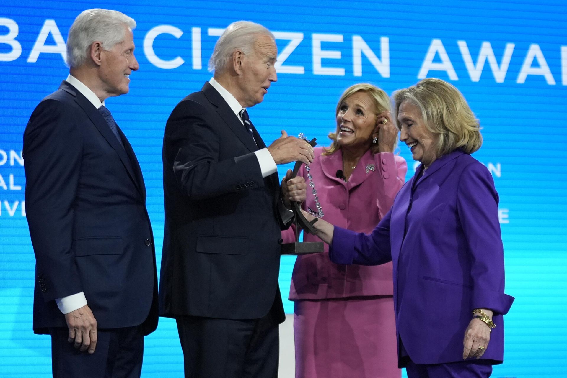 President Joe Biden and first lady Jill Biden talk after he was presented with the Global Citizen Award by former President Bill Clinton and former Secretary of State Hillary Clinton at the Clinton Global Initiative Monday, Sept. 23, 2024, in New York. President Joe Biden and first lady Jill Biden talk after he was presented with the Global Citizen Award by former President Bill Clinton and former Secretary of State Hillary Clinton at the Clinton Global Initiative Monday, Sept. 23, 2024, in New York. - Sputnik International, 1920, 11.02.2025