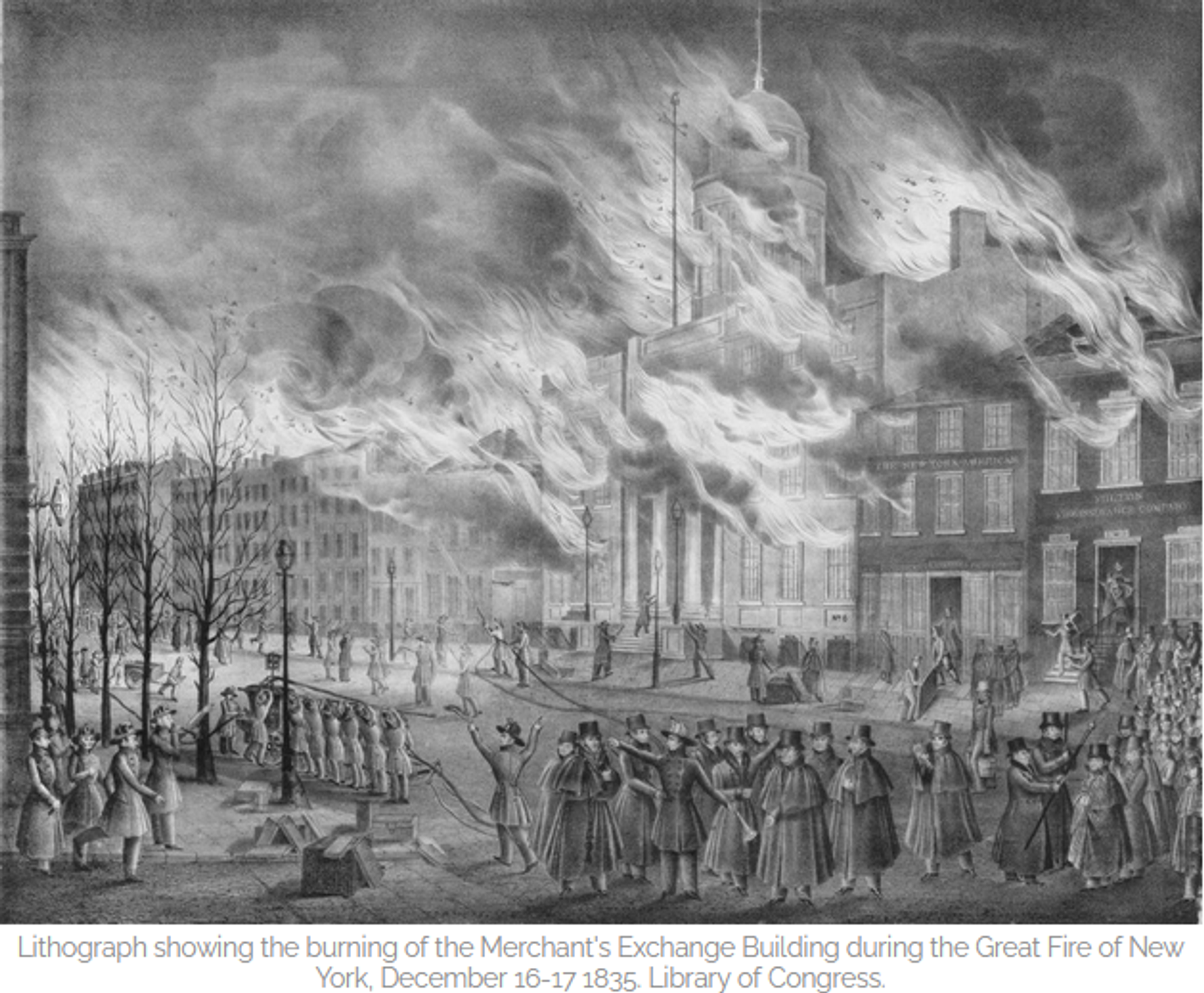 Screenshot of Lithograph showing the burning of the Merchant's Exchange Building during the Great Fire of New York, December 16-17 1835. Screenshot of Lithograph showing the burning of the Merchant's Exchange Building during the Great Fire of New York, December 16-17 1835. - Sputnik International, 1920, 12.01.2025