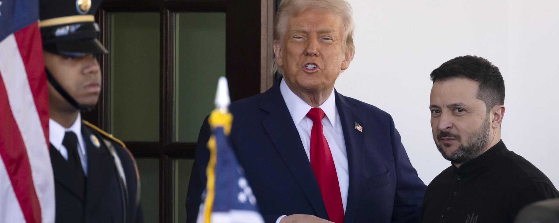 Ukraine's Volodymyr Zelensky, right, is greeted by President Donald Trump, center, as he arrives at the White House in Washington, Friday, Feb. 28, 2025. Ukraine's Volodymyr Zelensky, right, is greeted by President Donald Trump, center, as he arrives at the White House in Washington, Friday, Feb. 28, 2025. - Sputnik International, 1920, 07.12.2025