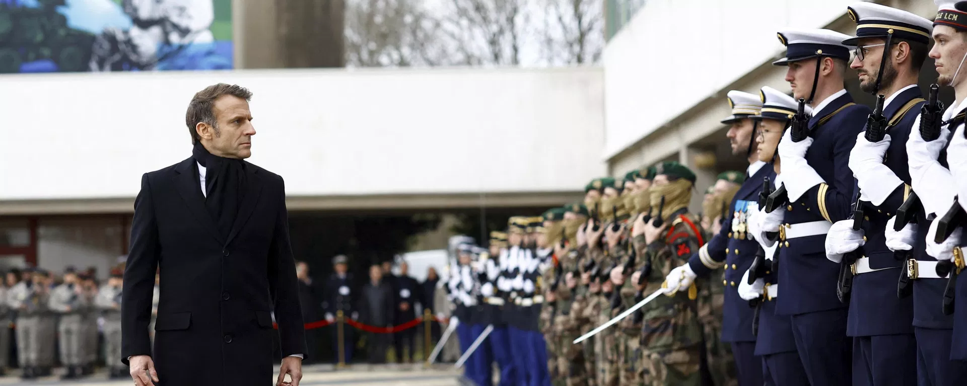 French President Emmanuel Macron reviews the troops during a military ceremony during a visit at the Digital Support and Cyber Command (CATNC) of the French Army as part of his New Year address to the Armed Forces, in Cesson-Sevigne, western France, Monday, Jan. 20, 2025. French President Emmanuel Macron reviews the troops during a military ceremony during a visit at the Digital Support and Cyber Command (CATNC) of the French Army as part of his New Year address to the Armed Forces, in Cesson-Sevigne, western France, Monday, Jan. 20, 2025. - Sputnik International, 1920, 02.02.2026