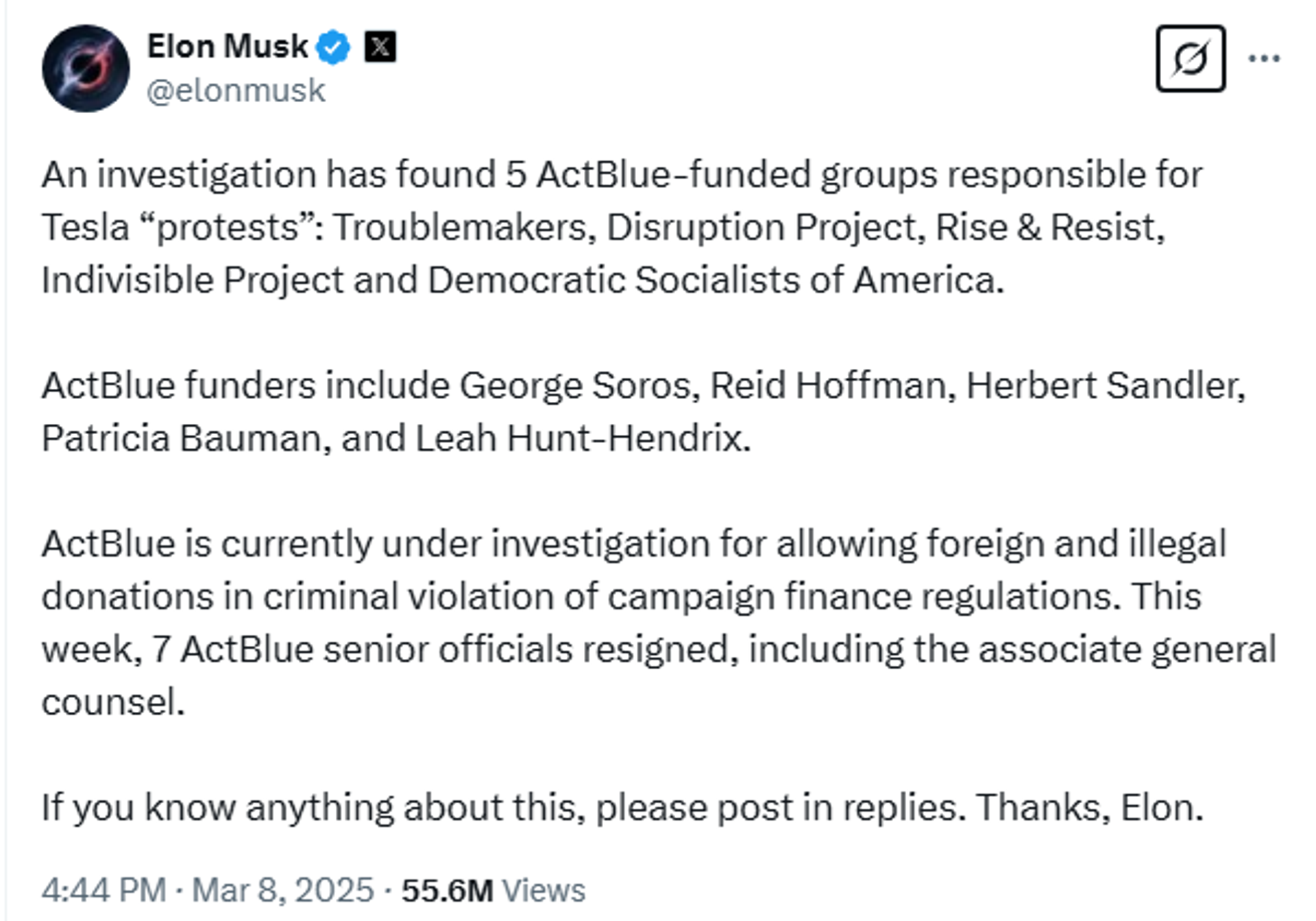 Screenshot of X post by Elon Musk. - Sputnik International, 1920, 22.03.2025