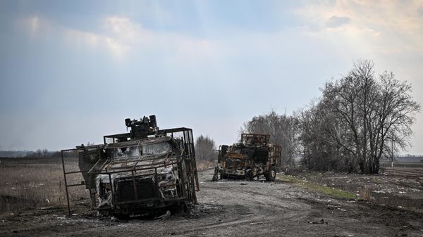 Destroyed column of Ukrainian MaxxPro armored vehicles litter a road outside Sudzha, Kursk region, Russia. March 22, 2025. - Sputnik International