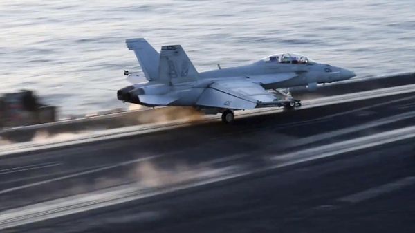 US Navy photo of fighter jet taking off from the USS Harry S. Truman aircraft carrier in the Red Sea to engage in strikes on Yemen. March 5, 2025. - Sputnik International