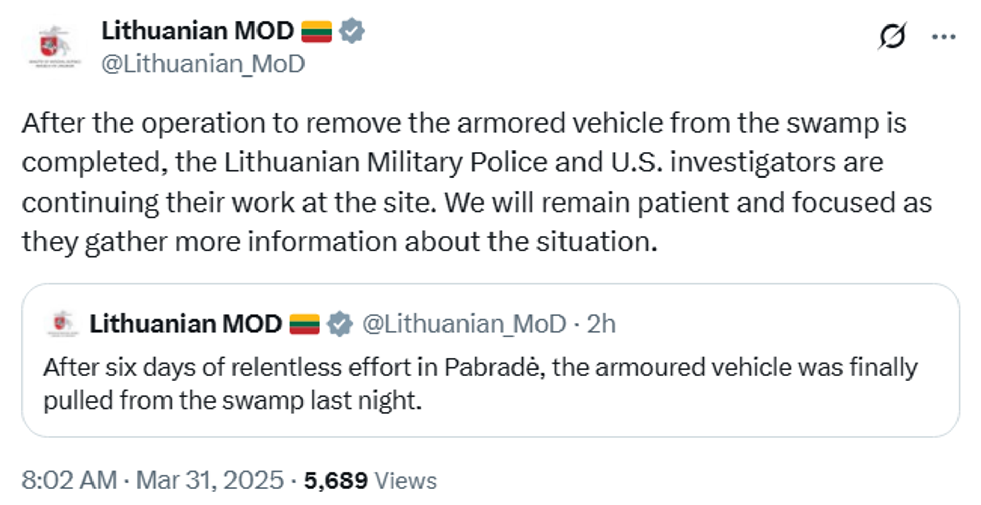 Screenshot of X post by Lithuanian Ministry of National Defense. - Sputnik International, 1920, 31.03.2025
