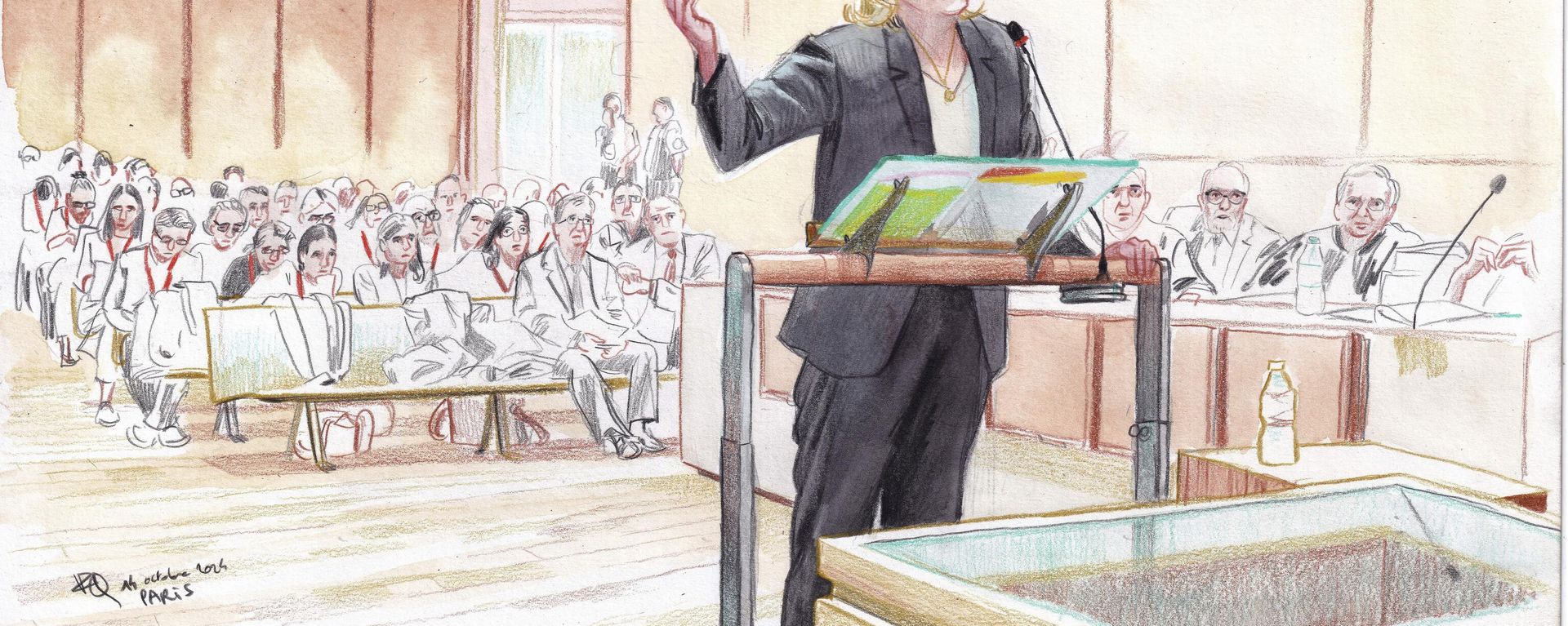 FILE - This courtroom sketch by Valentin Pasquier shows French far-right leader Marine Le Pen during his trial, facing court on charges of embezzling EU funds at the Paris court house, in Paris France, Monday, Oct. 14, 2024. - Sputnik International, 1920, 31.03.2025